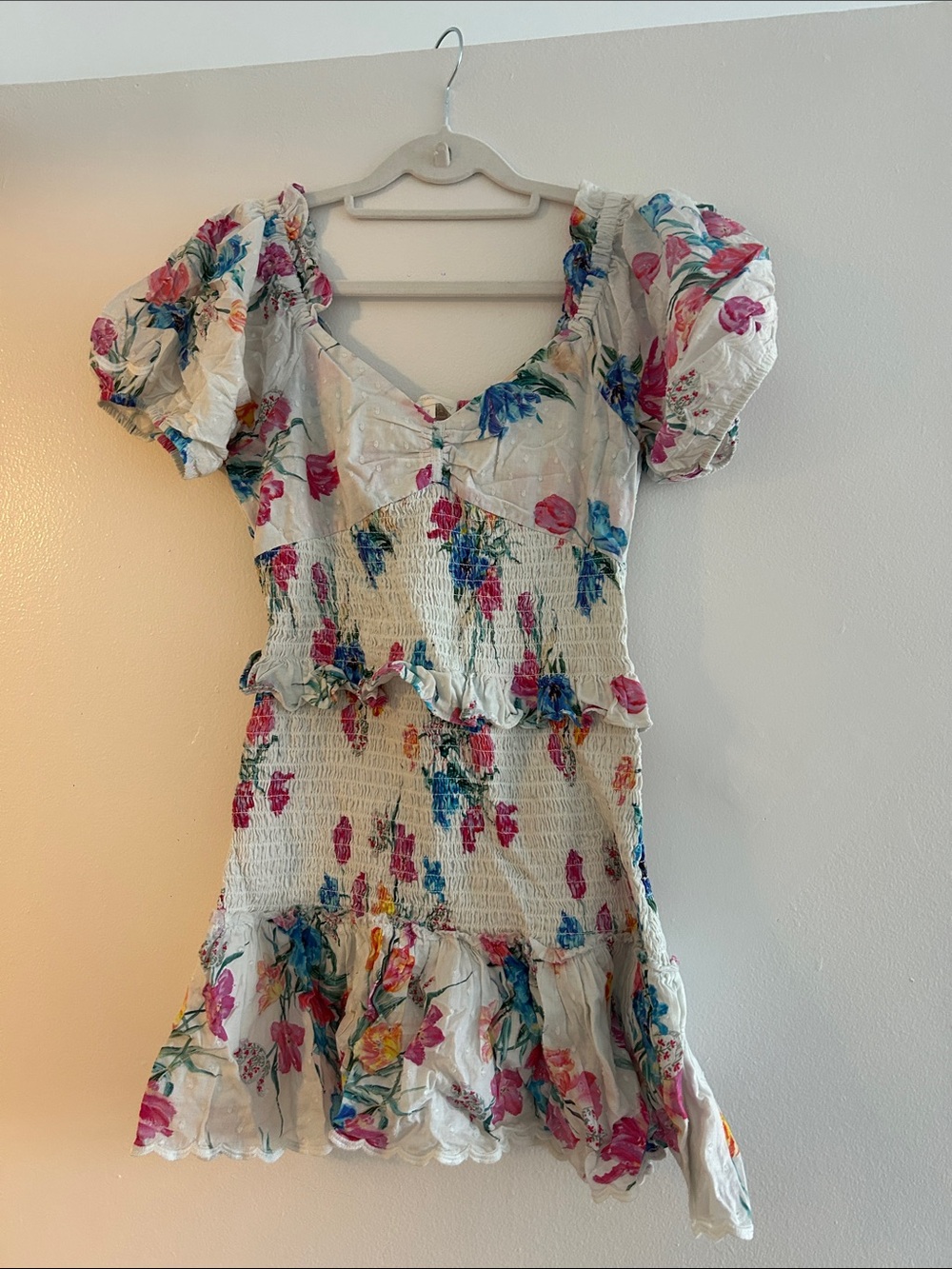 White Floral Smocked Mini Dress - Multicolor Print